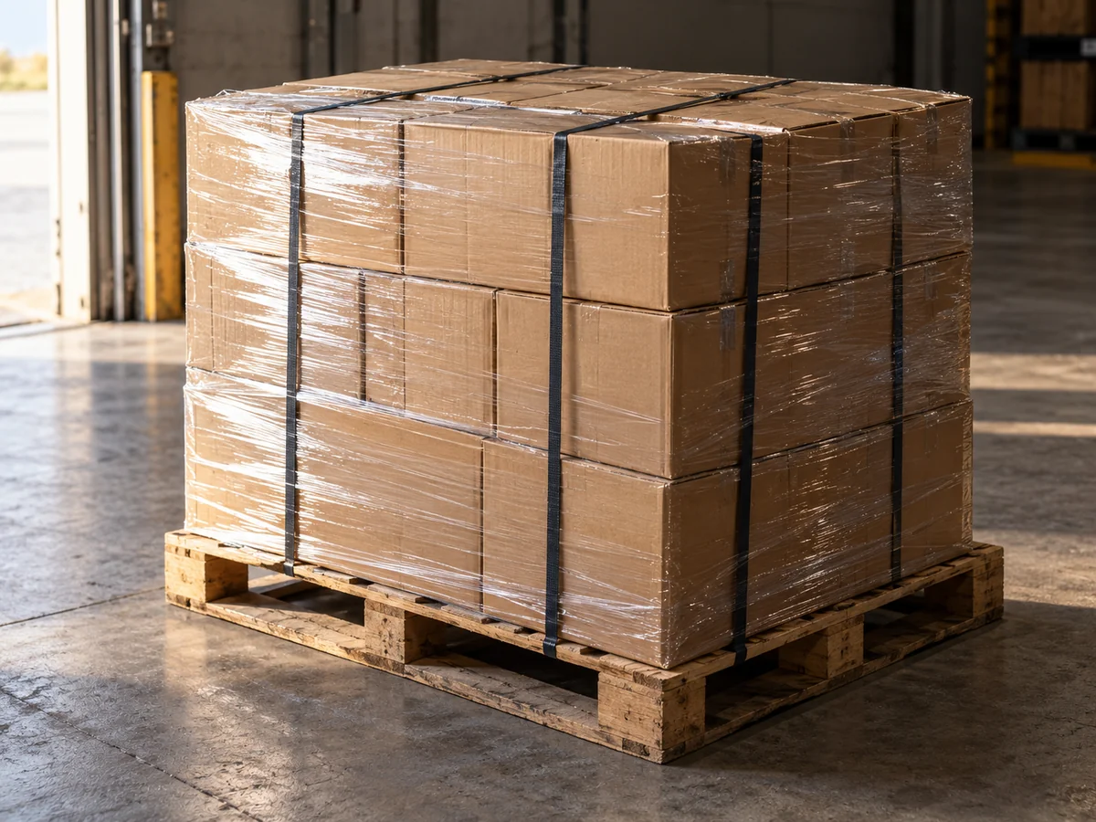 Illustrative wrapped and strapped pallet of cartons in a warehouse staging area.