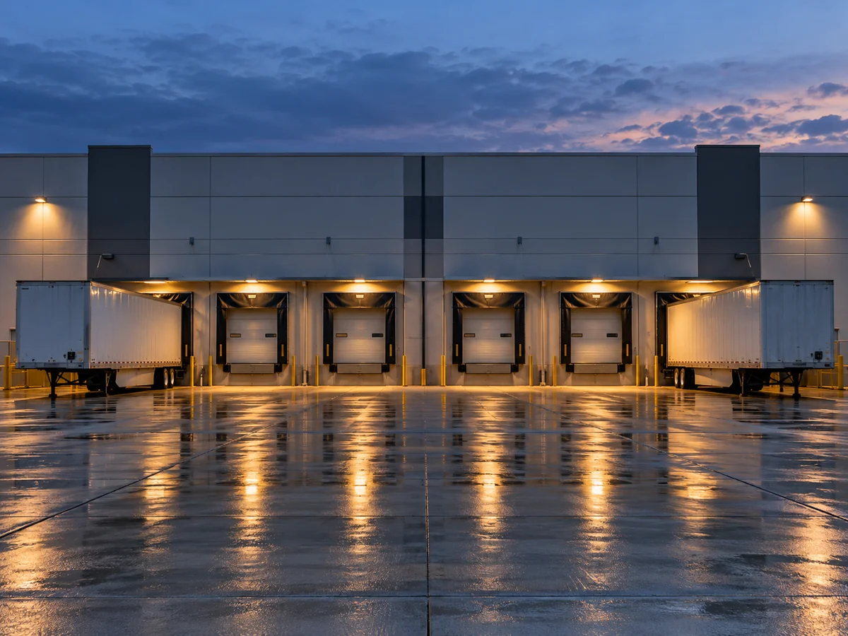 Illustrative industrial loading docks with trailers and warm lights at twilight.