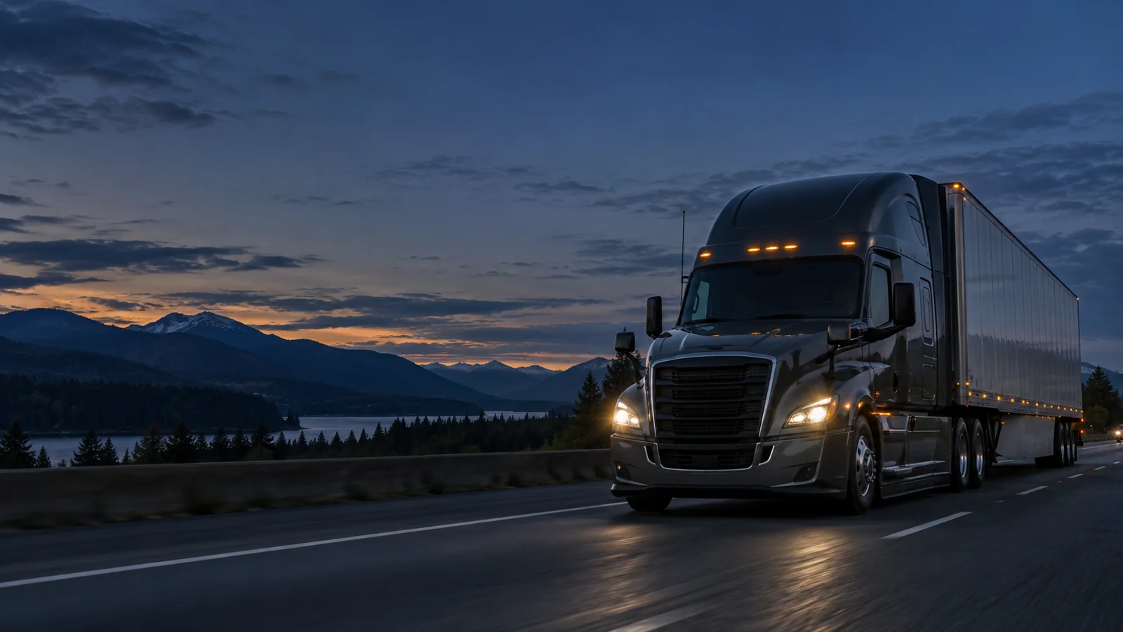Illustrative dark American semi-truck traveling past mountain scenery at blue hour.